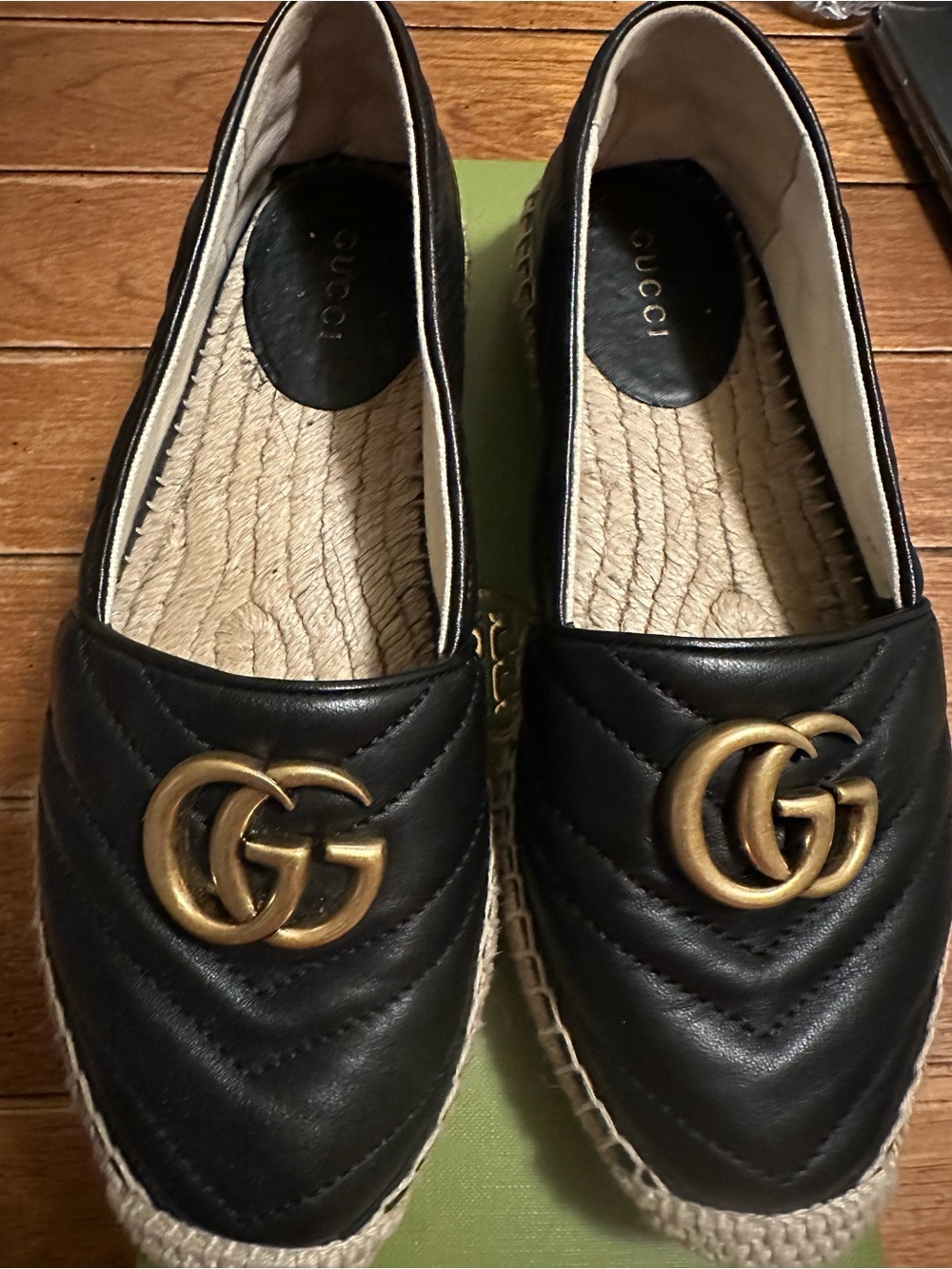 Gucci Black Leather Espadrille Loafers with Gold Double G